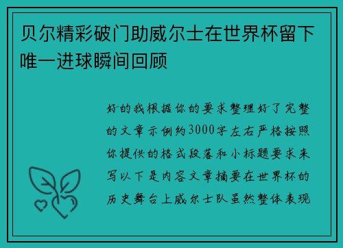 贝尔精彩破门助威尔士在世界杯留下唯一进球瞬间回顾